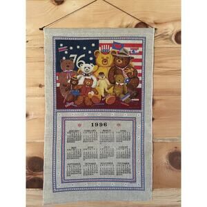 VTG Kay Dee Linen Blend Tea Towel/Wall Hanger. 1996 Calendar. Teddy bears. USA